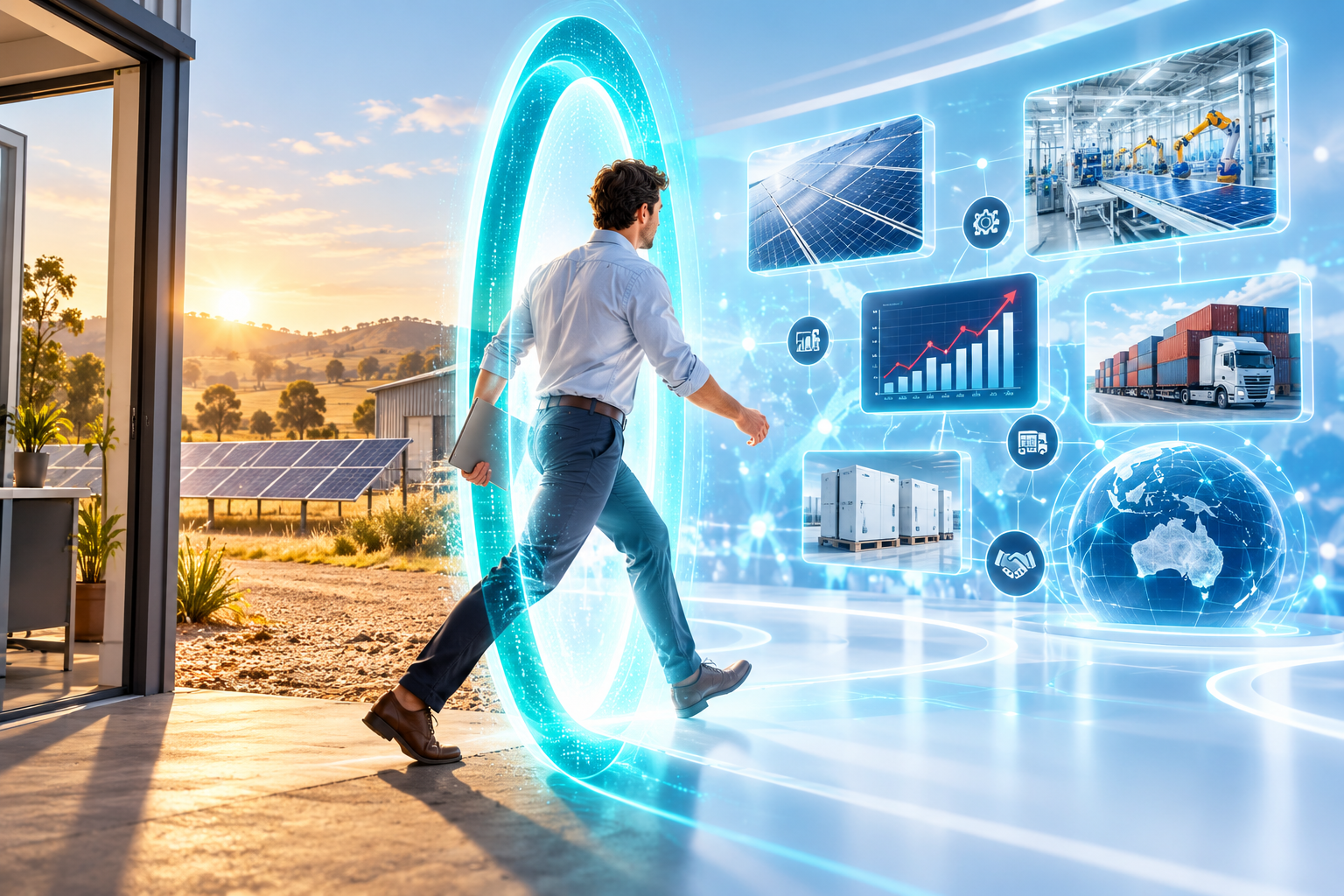 A person crossing a luminous portal from the real world into RRE’s connected digital business world.